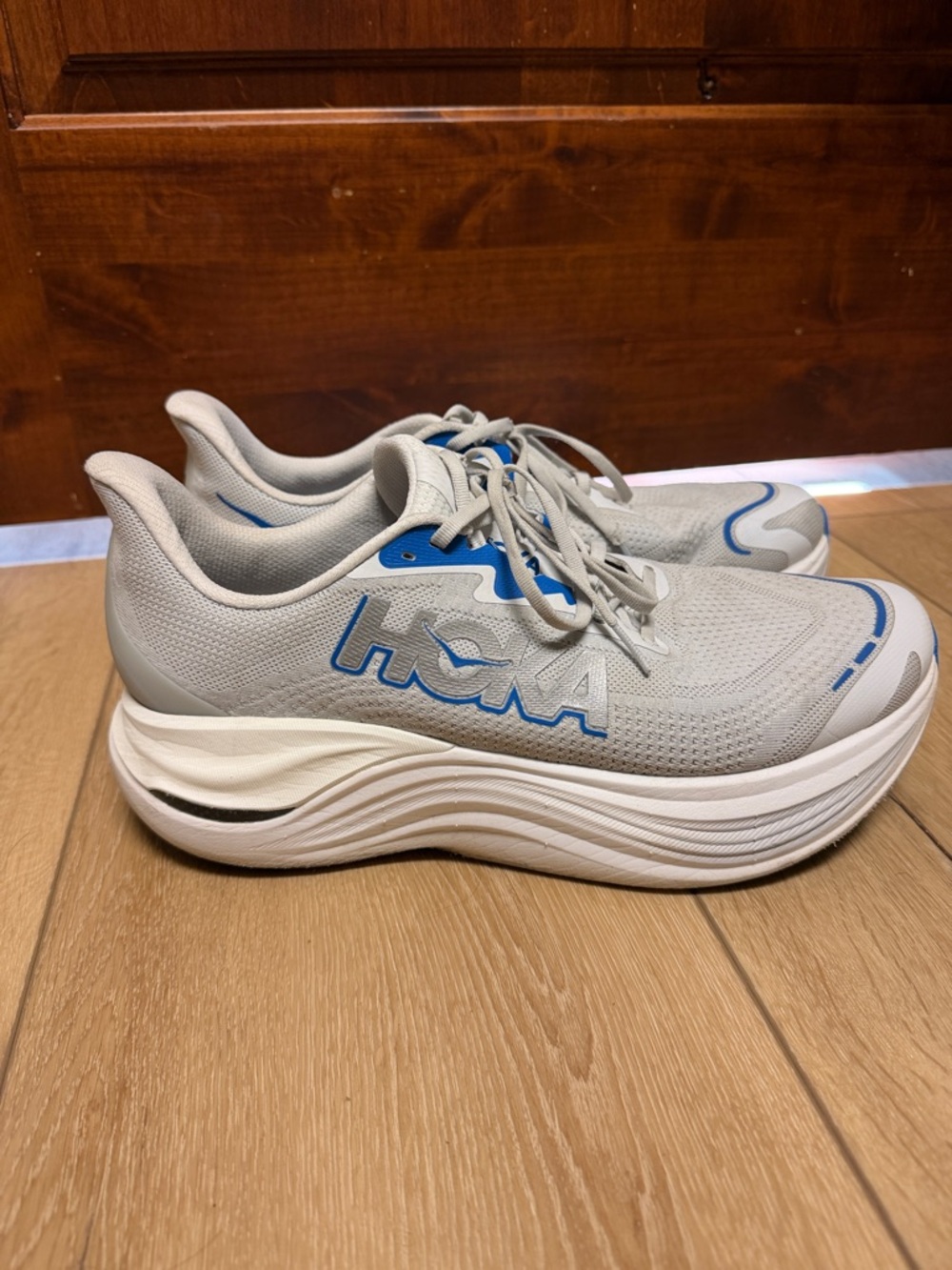 Men’s Hoka Skyward Light Gray and Blue Road Running Sneakers